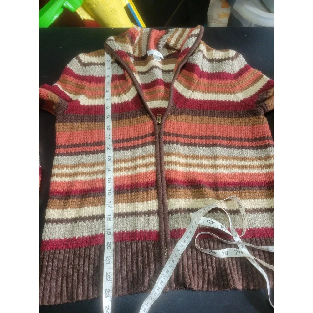 Christopher & Banks Striped Zip Up Cardigan Shawl Collar Brown Red Medium